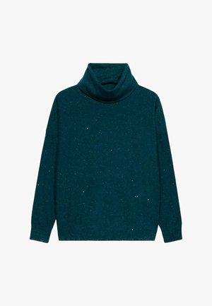 Maglione a collo alto color teal con una texture morbida, caratterizzato da una vestibilità comoda e da accenti di glitter sparsi in tutto. Maniche lunghe e polsini a coste.