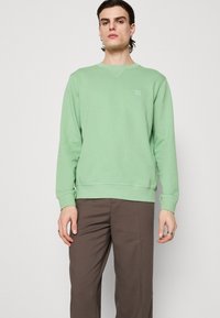 Lichtgroene sweatshirt gemaakt van zachte stof, met een ronde hals, ribgebreide manchetten en een klein logo op de borst. Gecombineerd met een bruine broek.