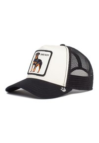 Truckerkasket med sort skygge, cremefarvet front og meshbag. Har et broderet Rottweiler-patch med teksten "BAD BOY".