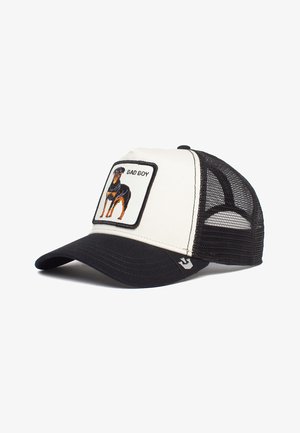 Lkw-Cap mit schwarzem Schirm, kremfarbenem Vorderteil und Netzrücken. Mit einem gestickten Rottweiler-Patch und dem Text "BAD BOY".