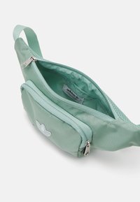 Mentolově zelená ledvinka vyrobená z měkké tkaniny, má hlavní zipovou přihrádku a menší přední kapsu s květinovým logem.