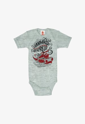 Light gray baby onesie with red steam train and black text reading "All aboard the Hogwarts Express, London to Hogwarts."