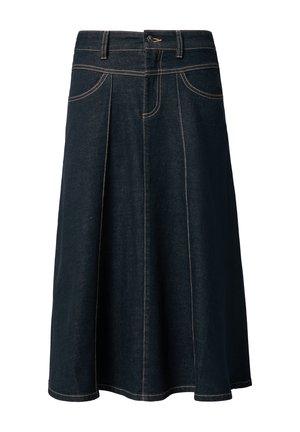 Donkerdenim knielange rok met plooien, contrasterende gele stiksels, standaard tailleband en een enkele knoopsluiting aan de voorkant.