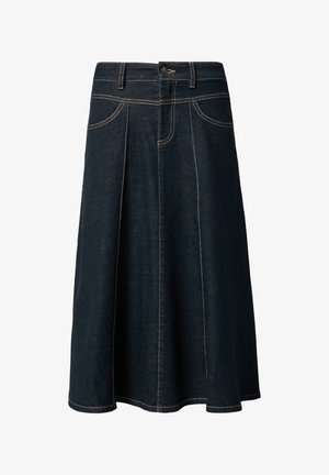 Donkerdenim knielange rok met plooien, contrasterende gele stiksels, standaard tailleband en een enkele knoopsluiting aan de voorkant.