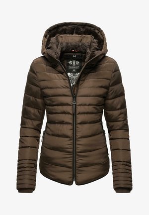 Veste matelassée marron avec capuche, dotée d'une fermeture éclair à l'avant, de poches latérales et de poignets côtelés. Doublée d'un matériau doux pour plus de chaleur.
