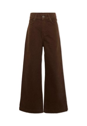 Pantaloni marroni a vita alta con gambe larghe, chiusura frontale con bottoni, passanti per cintura e tasche laterali, mostrati su sfondo bianco.
