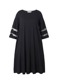 Schwarzes Kleid mit lässigem Schnitt und Dreiviertelärmeln, das durch durchsichtige Streifen an den Ärmeln einen stilvollen Akzent setzt.
