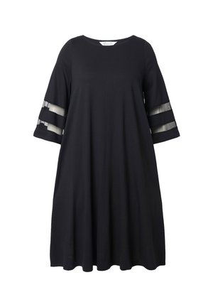 Black dress with a relaxed fit and three-quarter sleeves, featuring sheer stripes along the sleeves for a stylish detail.