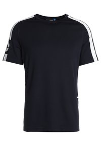 Marineblaue Kurzarm-T-Shirt aus weichem Stoff, mit rundem Ausschnitt, weißen Seitenstreifen und einem Logo auf dem linken Ärmel.