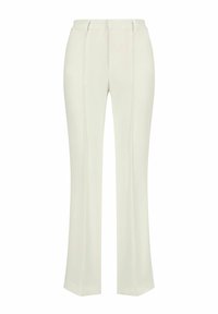 White tailored trousers with a high waist, featuring two front pleats, straight legs, and a smooth, structured fabric.
