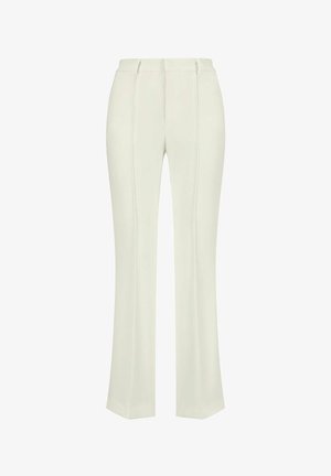 Witte op maat gemaakte broek met hoge taille, voorzien van twee voorplooien, rechte pijpen en een gladde, gestructureerde stof.