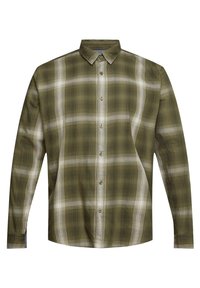 Green plaid long-sleeve shirt with a button-down collar, featuring horizontal white stripes and brown buttons on the front. Soft fabric texture.