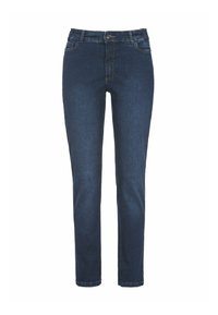 Mörkblå denimjeans med slim fit, har en traditionell femficksdesign och en dragkedja med knäppning.