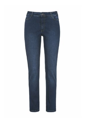 Mørkeblå denim jeans med slim fit, der har et traditionelt fem-lomme design og en lynlås med knaplukning.