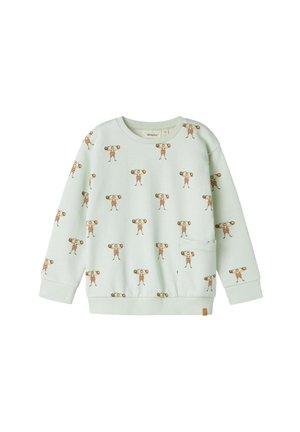 Hellgrüner Kindersweatshirt mit braun gestreiften Affen, die Gewichte heben, und einer kleinen Tasche auf der rechten Seite.