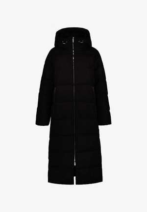 Abrigo de invierno largo negro acolchado con capucha, cremallera frontal y bolsillos laterales, diseñado para mantener el cuerpo completamente caliente.