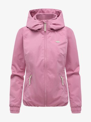 Roze damesjack met capuchon, voorzien van een ritssluiting aan de voorkant, ritszakken aan de zijkanten, elastische manchetten en een klein logo op de borst.