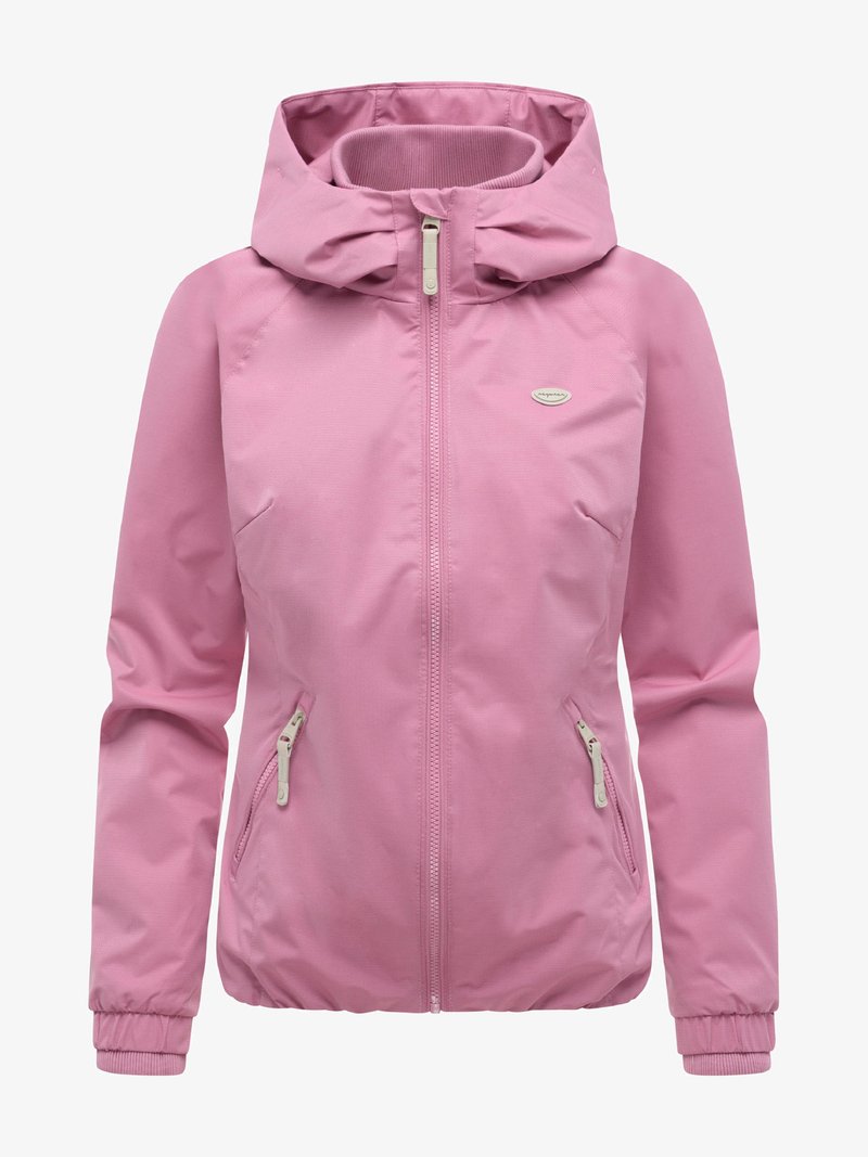 Veste à capuche rose pour femme avec fermeture éclair frontale, poches latérales zippées, poignets élastiques et petit logo sur la poitrine.
