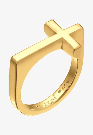 Goldfarbener Ring mit einem markanten rechteckigen Kreuzdesign. Aus 925 Sterling Silber gefertigt, mit einer glatten Oberfläche und geometrischer Form.