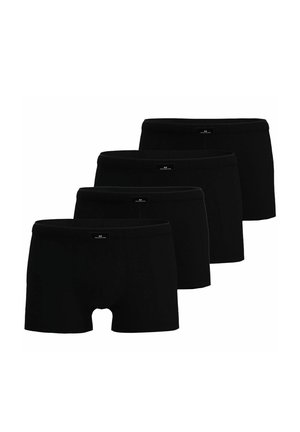 Vier schwarze Boxershorts für Herren, diagonal gestapelt, jede mit einem kleinen rechteckigen Markenetikett am vorderen Bund.