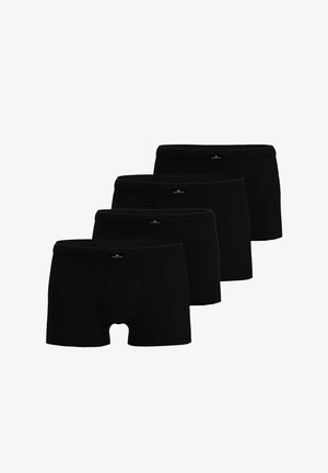 Vier schwarze Boxershorts für Herren, diagonal gestapelt, jede mit einem kleinen rechteckigen Markenetikett am vorderen Bund.