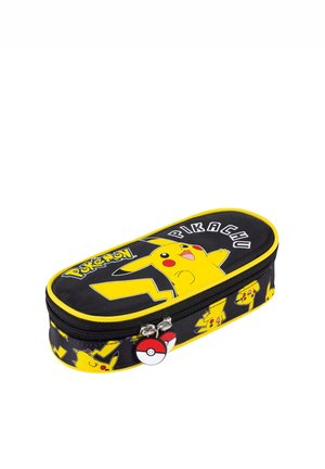 Schwarz-gelbes Pokémon Pikachu Federmäppchen mit Reißverschluss und Pokéball-Zipper, mit Pikachu-Illustrationen und Logo.