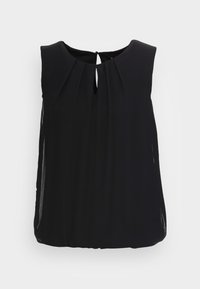 Blusa nera senza maniche con un collo rotondo, dettaglio plissettato sul davanti e un piccolo apertura a forma di chiave sul retro. Tessuto leggero e fluente.