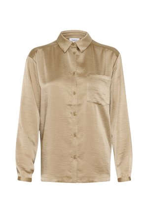 Beige langarmshirt gemaakt van gladde stof. Het heeft een knoopsluiting aan de voorkant, een kraag en een enkele borstzak. Subtiele glans.