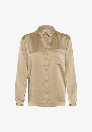 Beige long-sleeve shirt made from smooth fabric. Features a button-up front, collar, and a single chest pocket. Subtle sheen.
