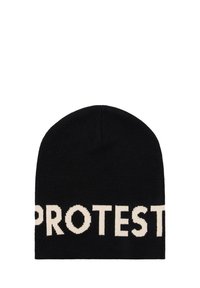 Berretto di lana nera con la parola "PROTEST" in grande texto crema, dotato di una superficie liscia e una vestibilità aderente.