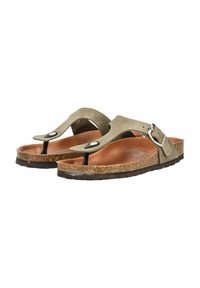 Brown cork sole flip-flops with a green suede upper and a black rubber toe post. Features a metallic buckle accent on the side.