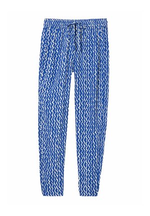 Blue drawstring pants with white vertical wavy stripe pattern and elastic waistband, laid flat on a white background.