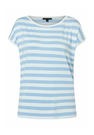 Gestreiftes T-Shirt mit hellblauen und weißen horizontalen Streifen, kurzen Ärmeln und rundem Halsausschnitt, aus weichem, glattem Stoff gefertigt.