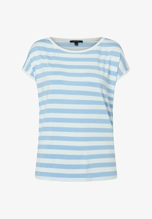 Striped t-shirt featuring light blue and white horizontal stripes, short sleeves, and a rounded neckline, made of soft, smooth fabric.