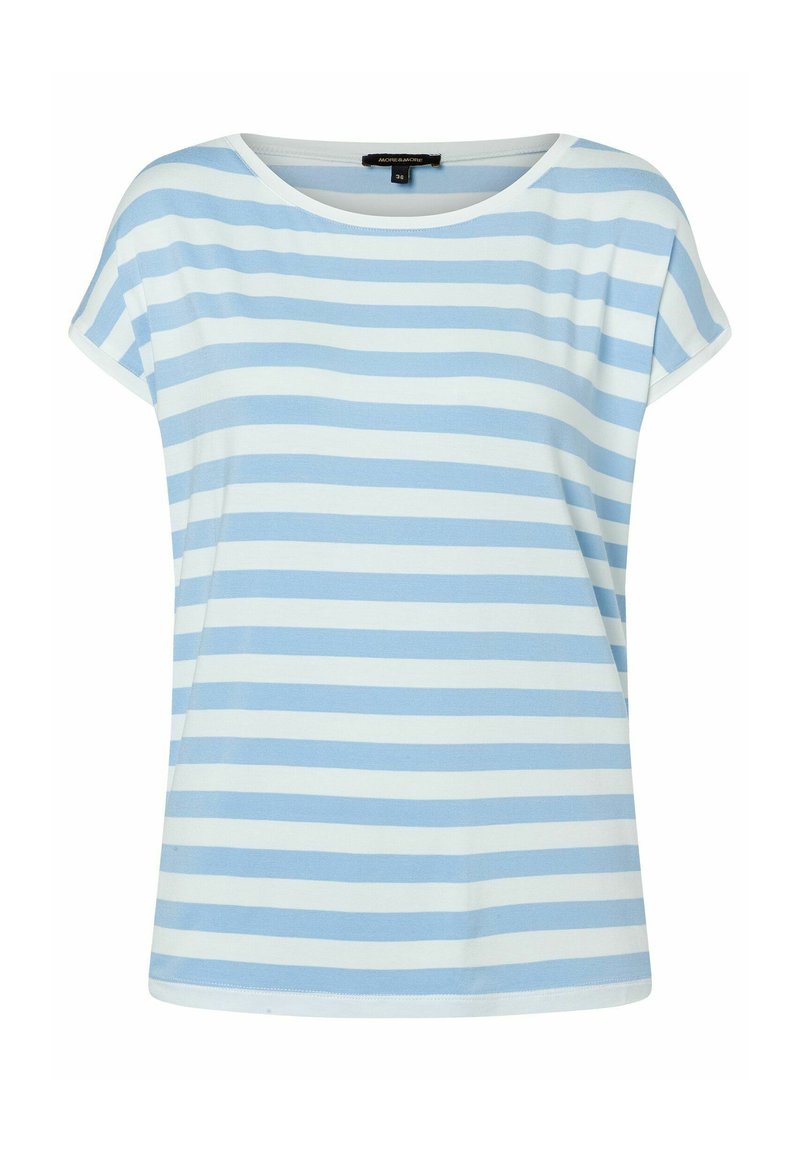 Gestreepte t-shirt met lichtblauwe en witte horizontale strepen, korte mouwen en een ronde halslijn, gemaakt van zachte, gladde stof.