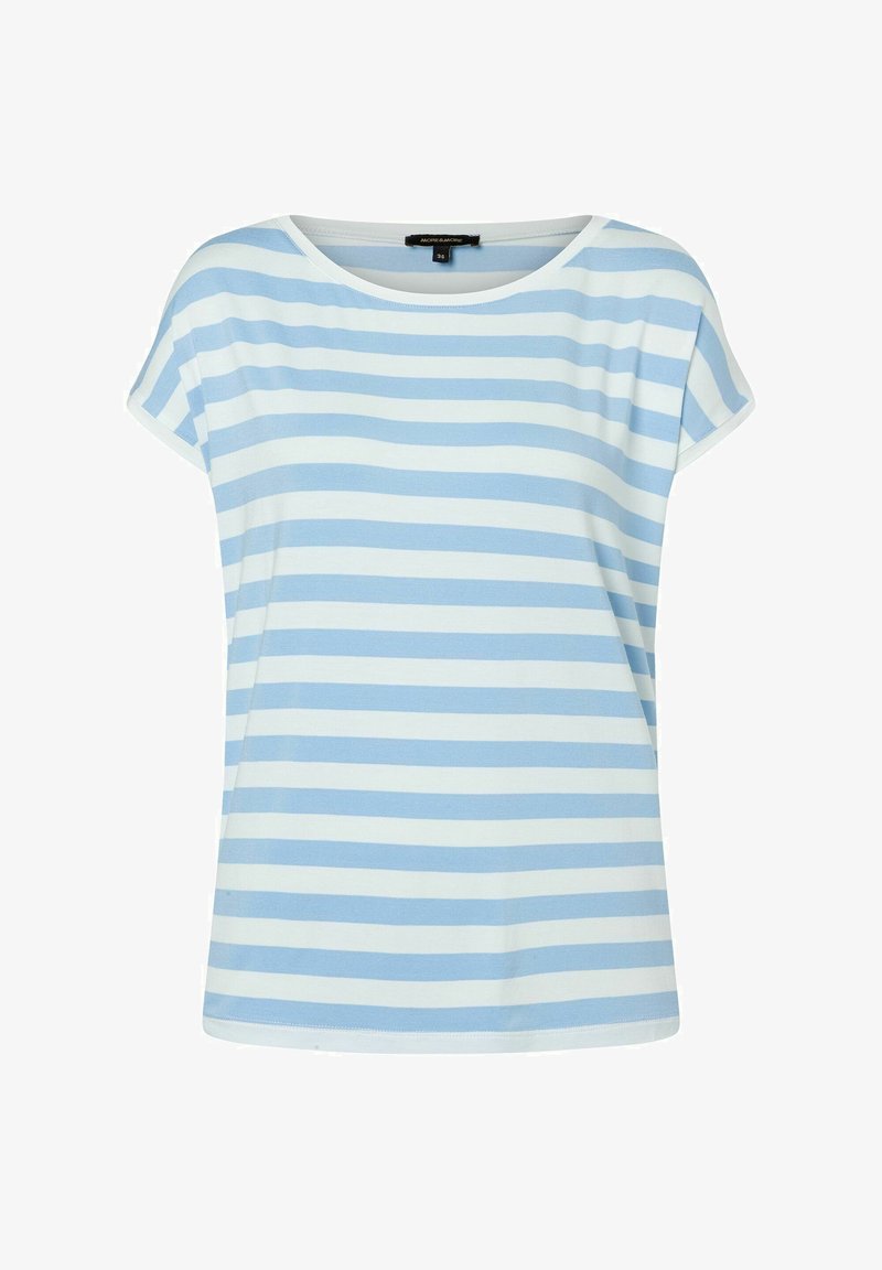 Gestreiftes T-Shirt mit hellblauen und weißen horizontalen Streifen, kurzen Ärmeln und rundem Halsausschnitt, aus weichem, glattem Stoff gefertigt.