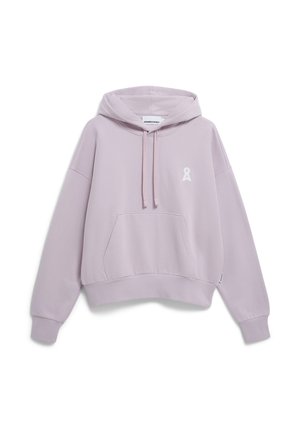 Lichtpaarse cropped hoodie van zachte stof, met een kangoeroezak en een wit logo op de voorkant. Lange mouwen met ribgebreide manchetten.