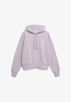 Hoodie court de couleur mauve clair en tissu doux, doté d'une poche kangourou et d'un détail de logo blanc sur le devant. Manches longues avec des poignets côtelés.
