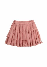 Jupe rose à plusieurs couches avec une taille élastique, dotée d'une bordure en dentelle à l'ourlet et d'un tissu texturé. Design froncé instantanément reconnaissable.