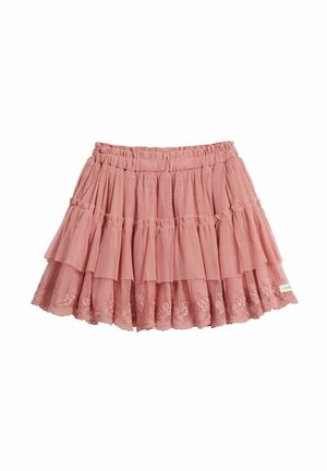 Rosa Schichtrock mit einem elastischen Bund, der eine Spitzenkante am Saum und einen texturierten Stoff aufweist. Sofort erkennbares Volant-Design.