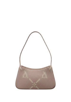 Borsa a tracolla in pelle marrone chiaro con tracolla lunga e sottili motivi astratti in rilievo sul davanti.