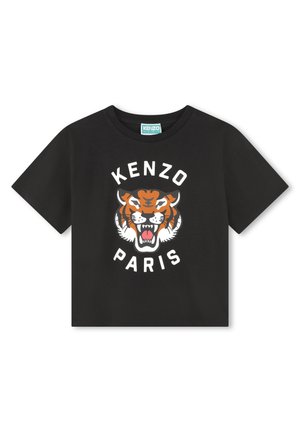 Sort T-shirt med korte ærmer med stort brølende tiger-grafik og ordene Kenzo Paris over og under tigerbilledet.