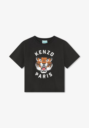 Czarna koszulka z krótkim rękawem z dużą grafiką ryczącego tygrysa oraz napisami Kenzo Paris nad i pod obrazkiem tygrysa.