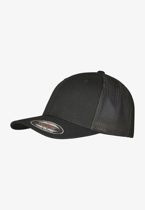 Black cap with a solid fabric front and mesh back. Curved visor, adjustable snapback closure, and a round brand logo sticker on the brim.