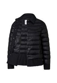 Schwarze Steppjacke mit Kragen, Druckknopfverschluss, gesteppter Struktur und einer Reißverschlusstasche innen. Weicher, glatter Stoff.