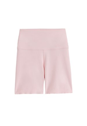 Lyserøde high-waisted stretch-shorts med sømdetaljer ved linningen, designet til aktivt brug eller afslappet brug.