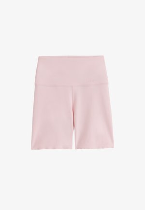 Shorts elasticizzati a vita alta color rosa chiaro con dettaglio cuciture in vita, progettati per attività sportive o uso casual.