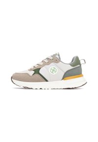 Zapatillas que combinan malla blanca y ante beige, con acentos verdes, ribete gris y una suela amarilla. Incluyen un parche logo en el lateral.