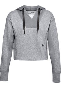 Felpa grigia corta con cappuccio, con lacci neri, maniche lunghe e un piccolo logo nero Under Armour sul lato destro in basso.