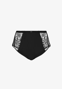 Bragas negras de cintura alta con paneles laterales de encaje transparente con motivos florales y una cintura decorativa con un pequeño anillo de metal como adorno.